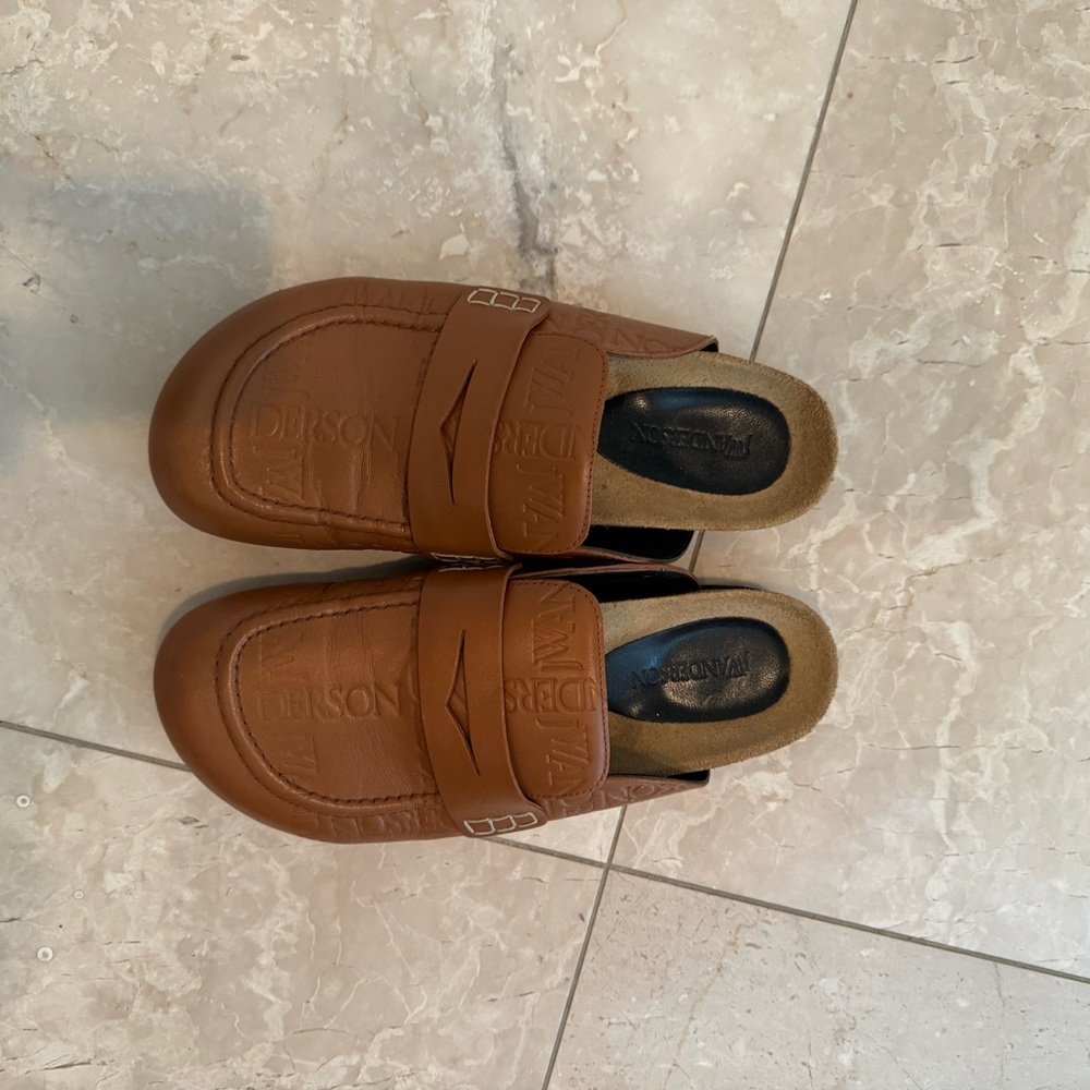 JW Anderson brown leather with JW embroidery mule slides size 39.